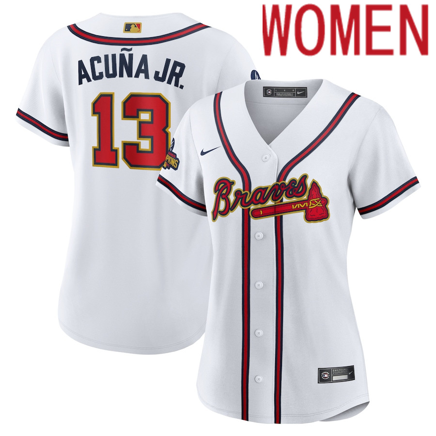 Custom Women Atlanta Braves #13 Ronald Acuna Jr. Nike White 2022 Gold Program Replica Player MLB Jersey